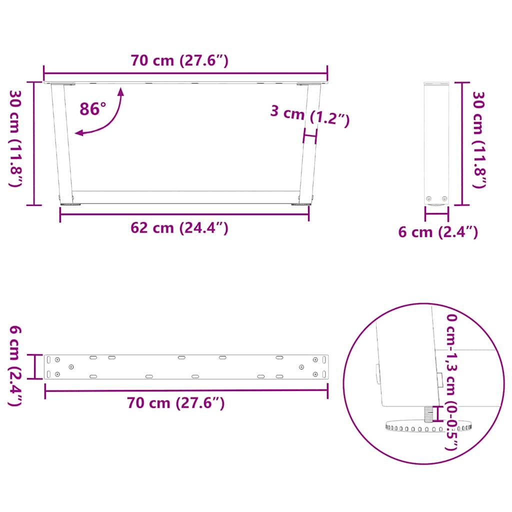 Gambe per Tavolo da Pranzo a V 2 pz Nero 70x(30-31,3)cm Acciaio - homemem39