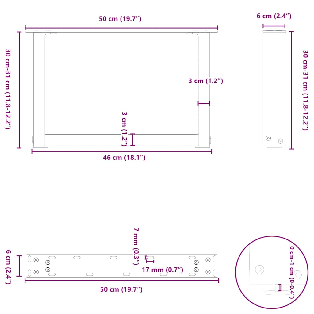Gambe Tavolino Caffè a U 2 pz Antracite 50x(30-31)cm in Acciaio