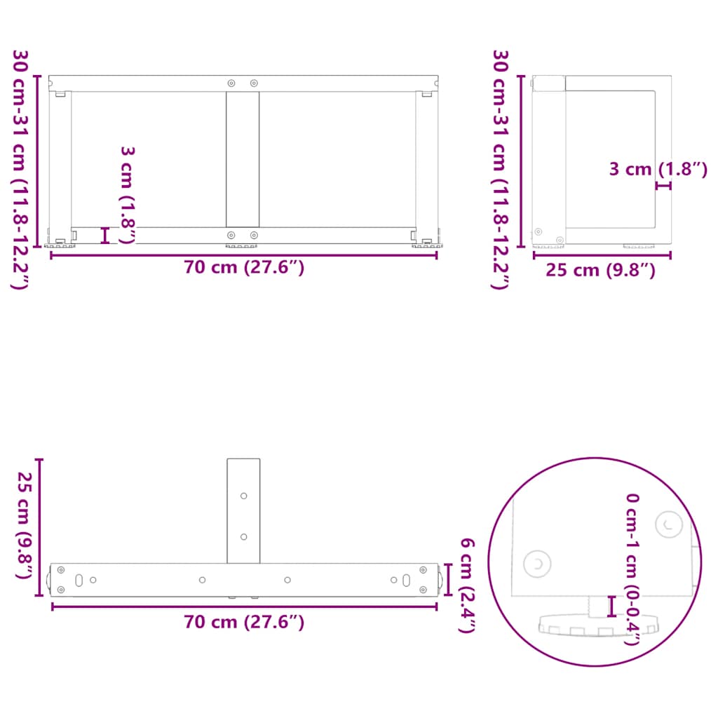 Gambe Tavolino da Caffè a T 2 pz Nero 70x25x(30-31) cm Acciaio - homemem39