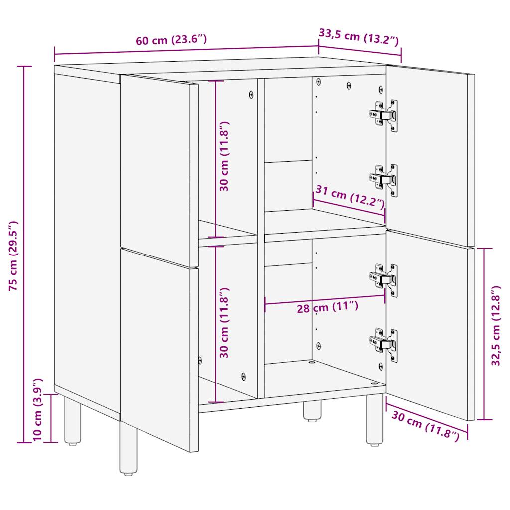Credenza 60x33,5x75 cm in Legno Massello di Mango Grezzo