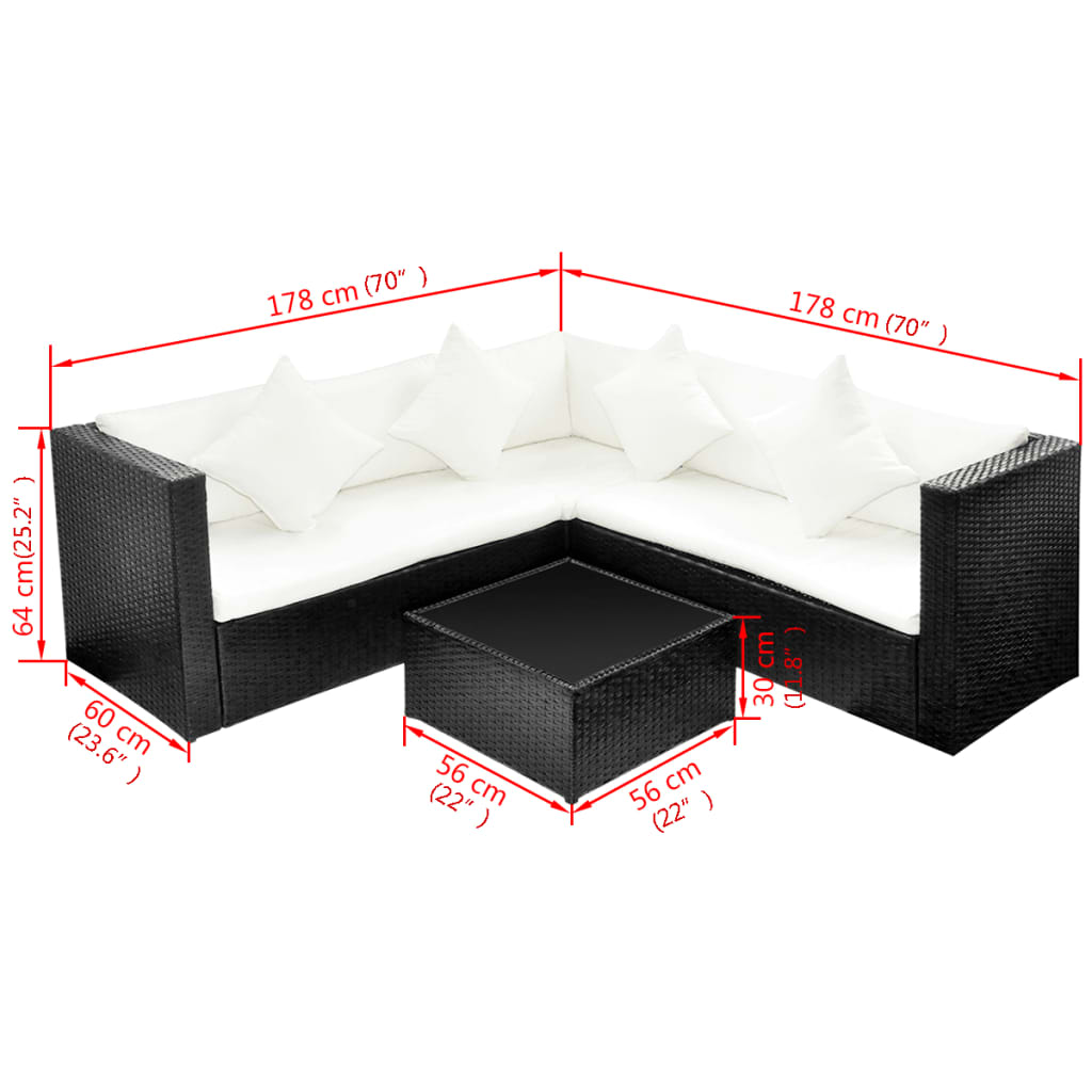 Set Divani da Giardino 4 pz con Cuscini in Polyrattan Nero - homemem39