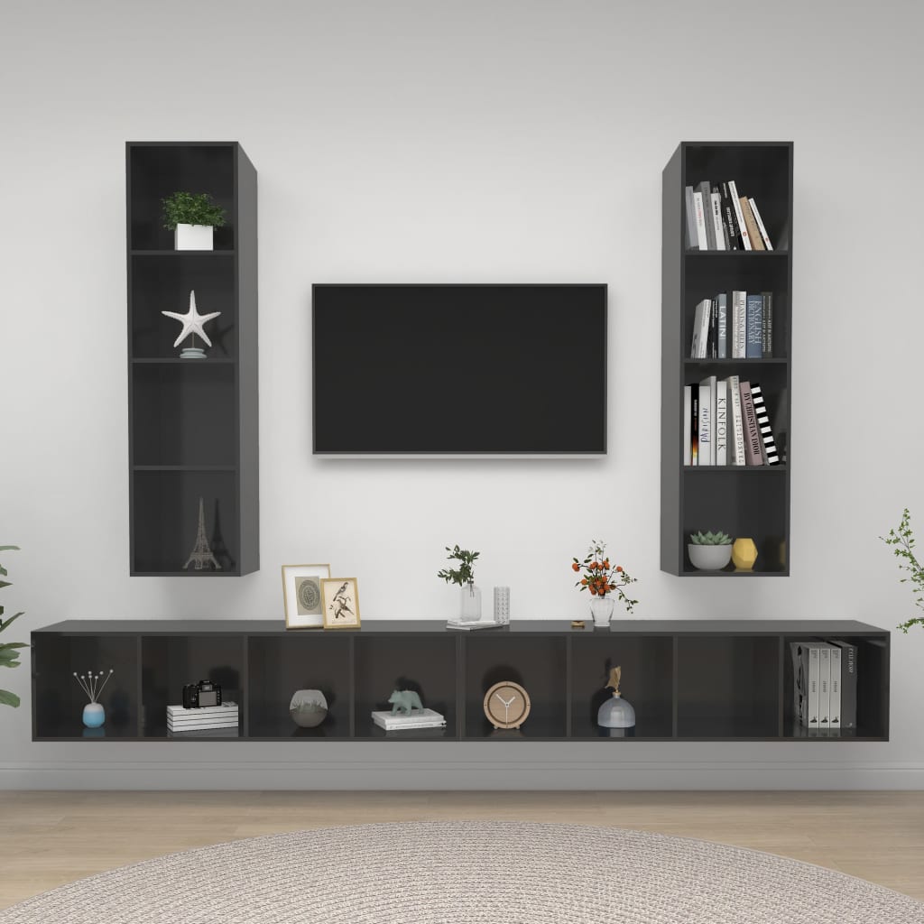 Mobile TV a Parete 4 pz Grigio Lucido in Truciolato - homemem39