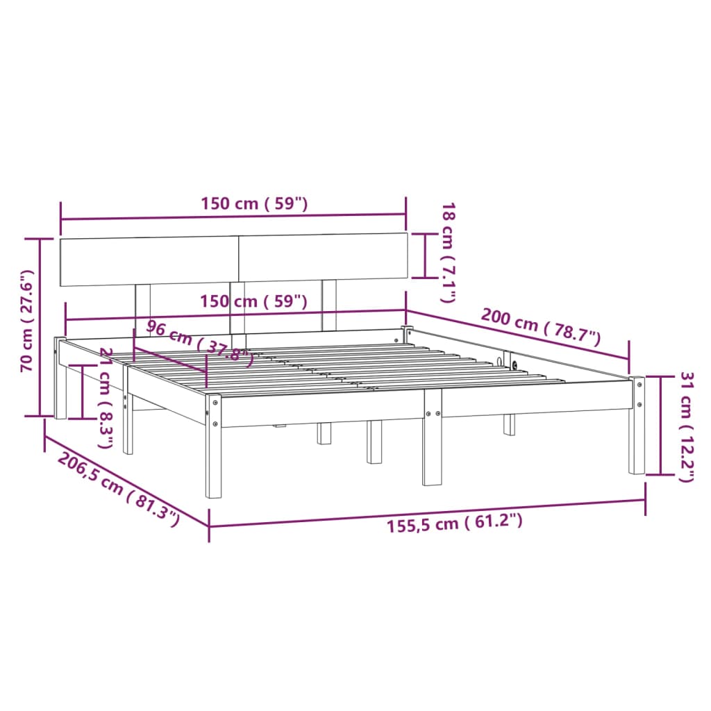 Giroletto Grigio in Legno Massello di Pino 150x200 cm UK King - homemem39