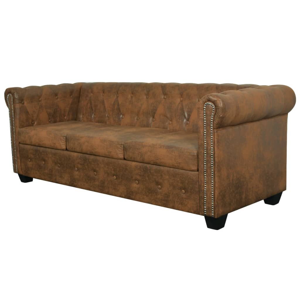 Divano Chesterfield a 3 Posti in Finta Pelle Marrone