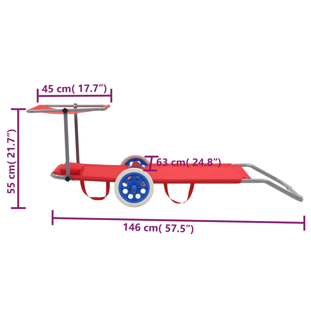 Lettino Prendisole Pieghevole Baldacchino e Ruote Acciaio Rosso - homemem39