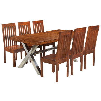 Set Tavolo da Pranzo 7 pz in Legno Massello di Acacia