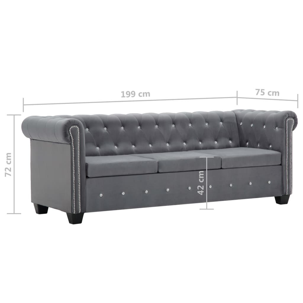 Divano Chesterfield a 3 Posti in Velluto 199x75x72 cm Grigio - homemem39