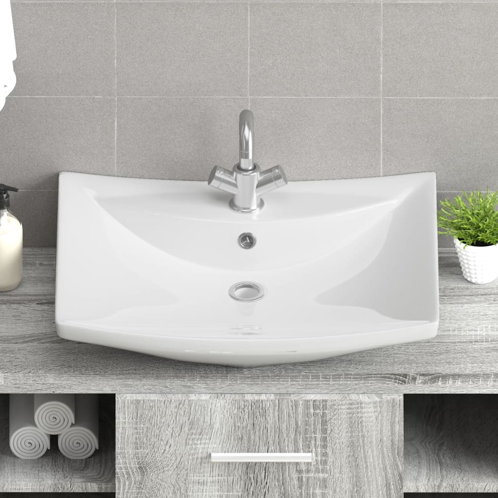 Lavabo Ceramica Lusso Rettangolare Foro di Trabocco e Foro Rubinetto - homemem39