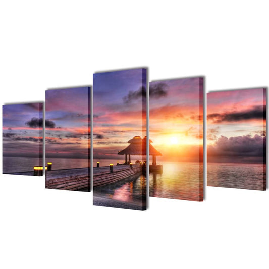 5 pz Set Stampa su Tela da Muro Spiaggia con Padiglione 200 x 100 cm - homemem39