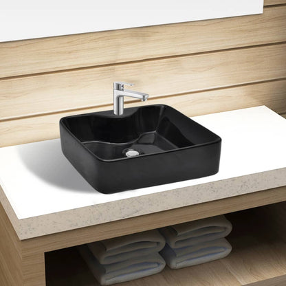 Lavandino Bagno in Ceramica Nera Quadrato con Foro per Rubinetto - homemem39