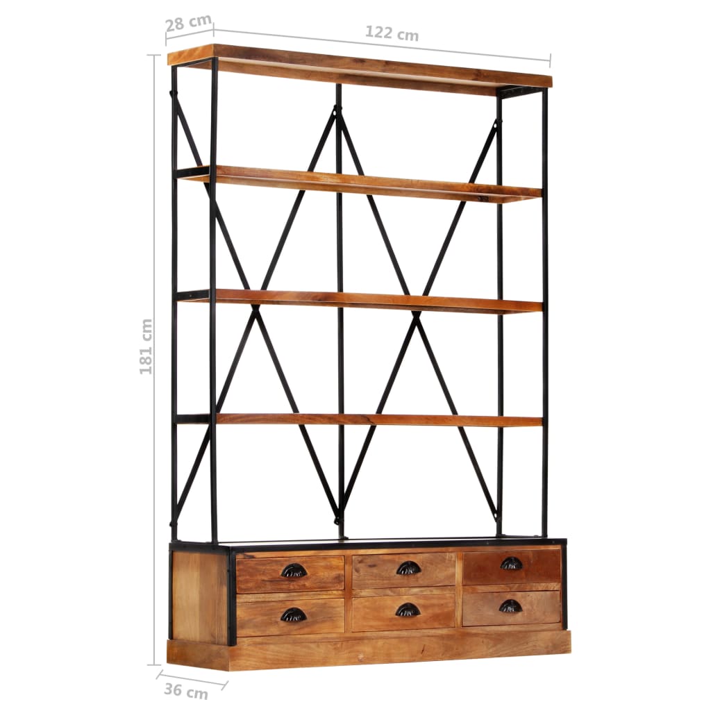 Libreria a 4 Ripiani 6 Cassetti 122x36x181cm Massello di Mango - homemem39