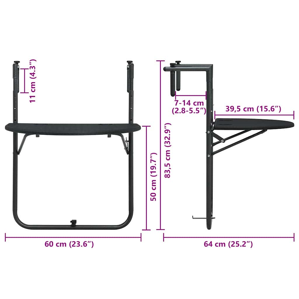 Tavolo da Balcone Pensile Nero 60x64x83,5cm Plastica Rattan