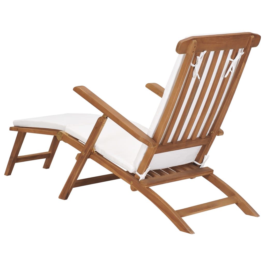 Sedia a Sdraio con Cuscino Bianco Crema Legno Massello di Teak - homemem39