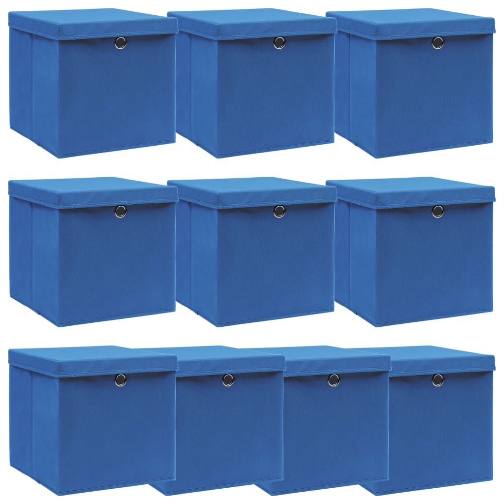 Scatole Portaoggetti con Coperchi 10pz Blu 32x32x32 cm Tessuto - homemem39