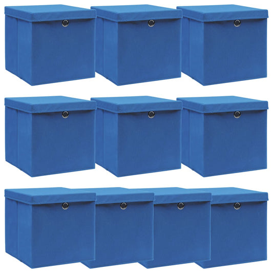 Scatole Portaoggetti con Coperchi 10pz Blu 32x32x32 cm Tessuto - homemem39