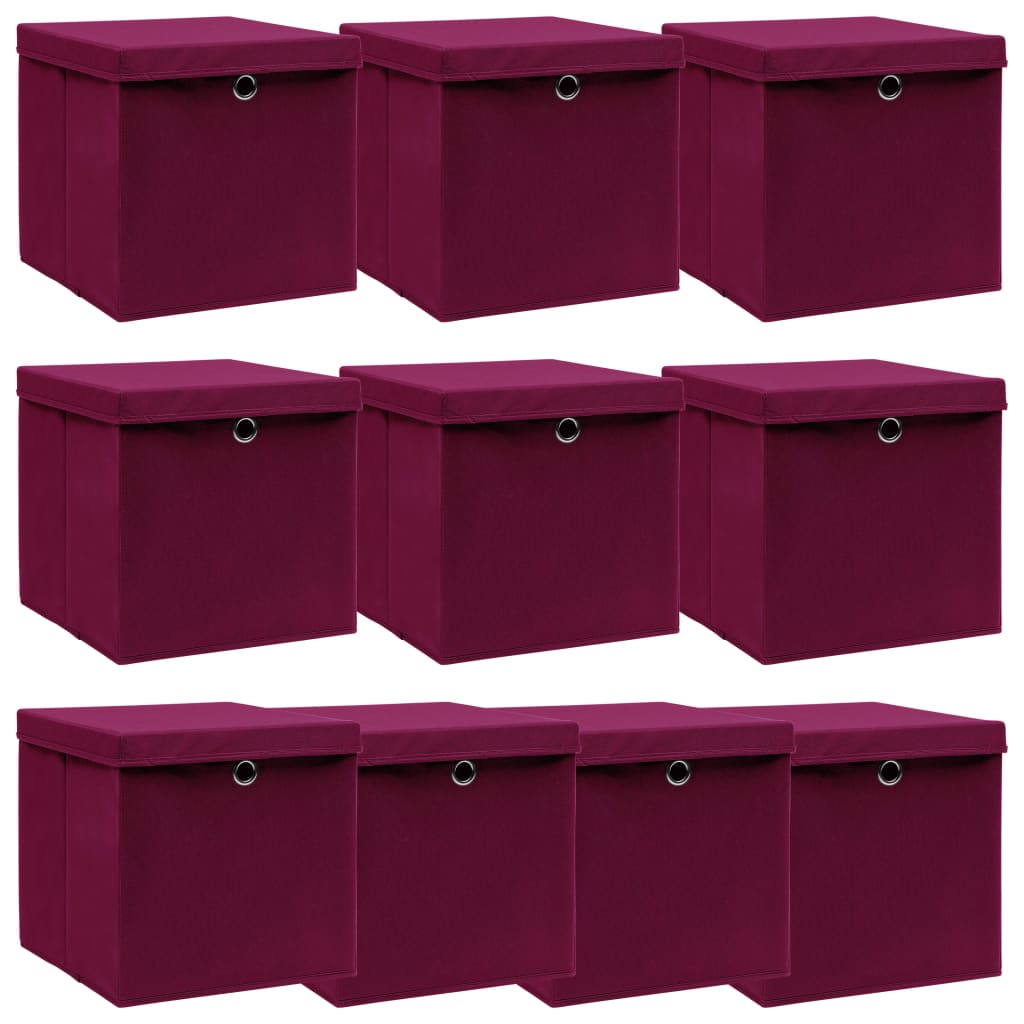 Scatole con Coperchi 10 pz Rosso Scuro 32x32x32 cm Tessuto - homemem39