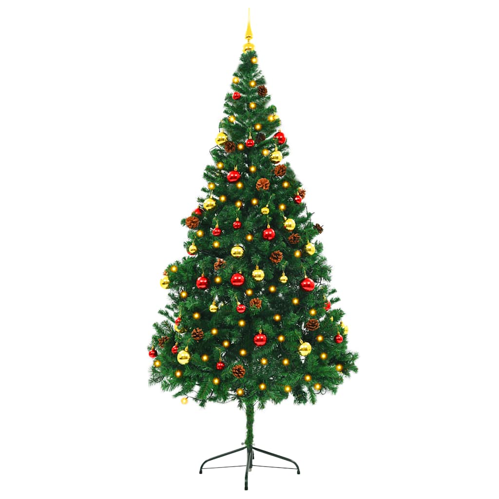 Albero di Natale Preilluminato con Palline Verde 210 cm