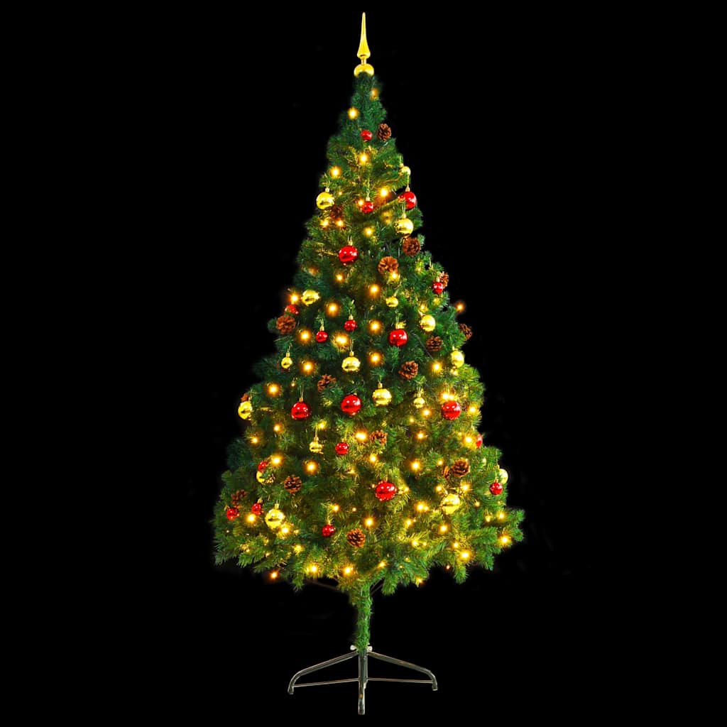 Albero di Natale Preilluminato con Palline Verde 210 cm