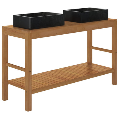 Armadietto da Bagno in Legno di Teak con Lavabi in Marmo Nero - homemem39