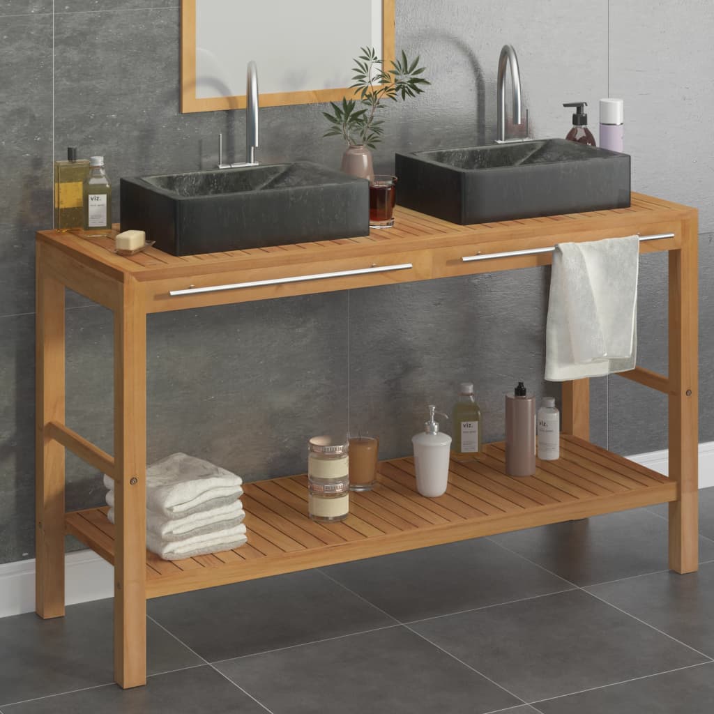 Armadietto da Bagno in Legno di Teak con Lavabi in Marmo Nero - homemem39