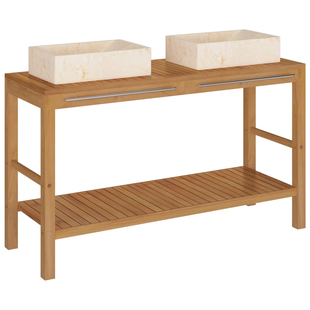 Armadietto da Bagno in Legno di Teak con Lavabi in Marmo Crema - homemem39