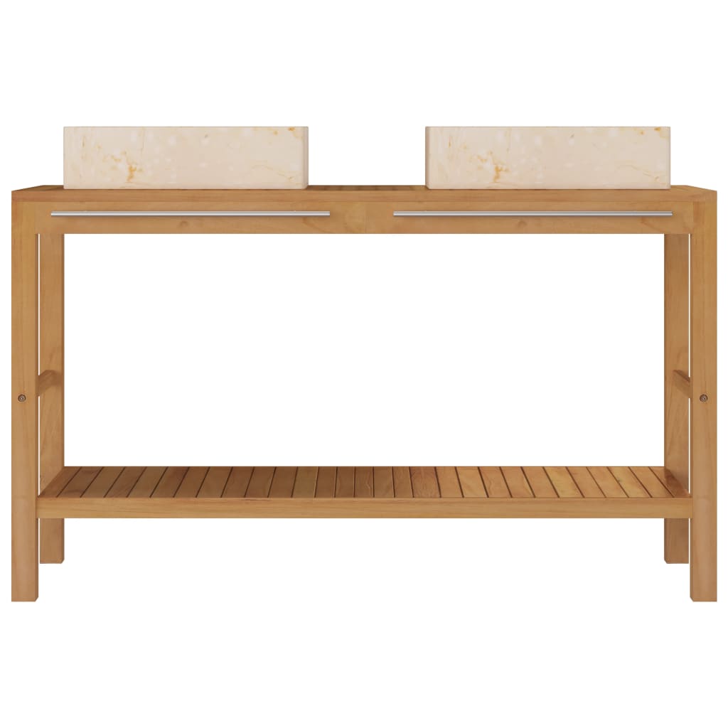 Armadietto da Bagno in Legno di Teak con Lavabi in Marmo Crema - homemem39