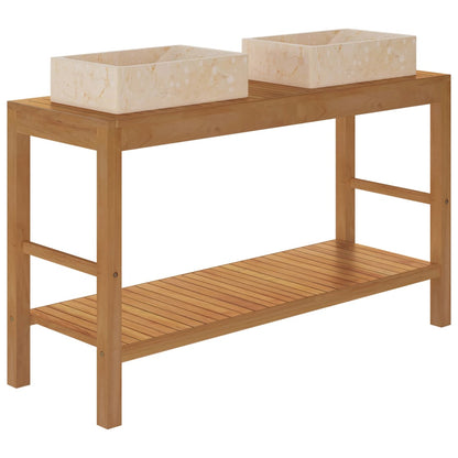 Armadietto da Bagno in Legno di Teak con Lavabi in Marmo Crema - homemem39