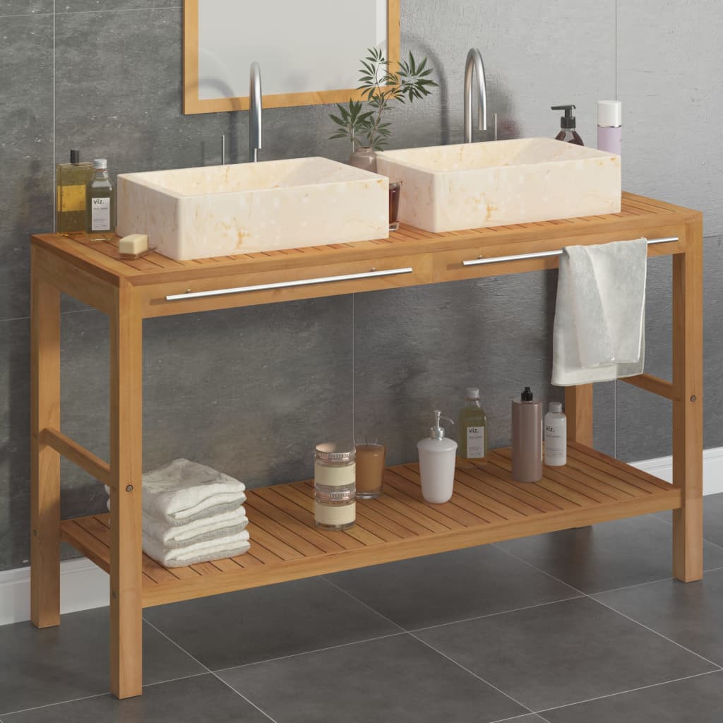 Armadietto da Bagno in Legno di Teak con Lavabi in Marmo Crema - homemem39