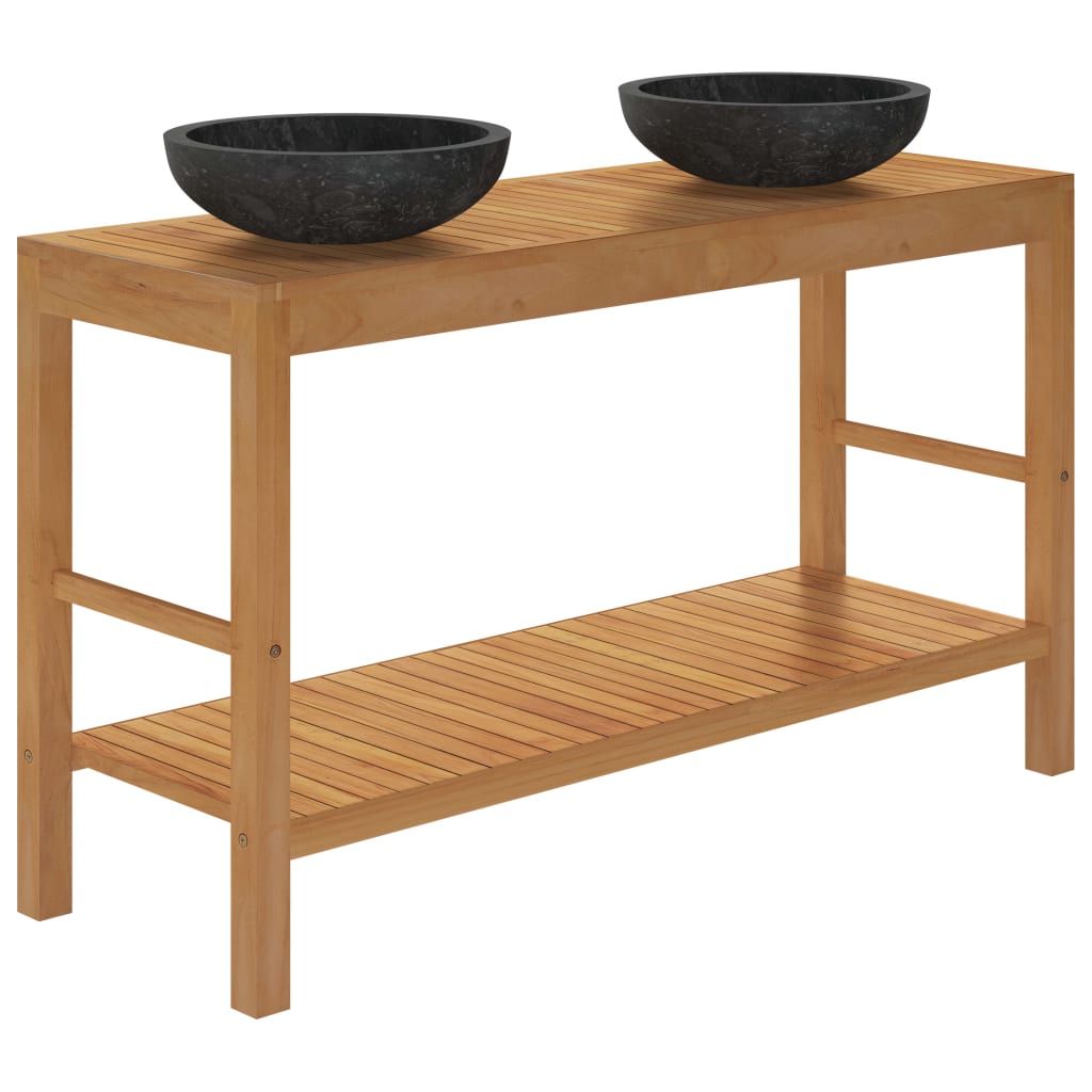 Armadietto da Bagno in Legno di Teak con Lavabi in Marmo Nero - homemem39