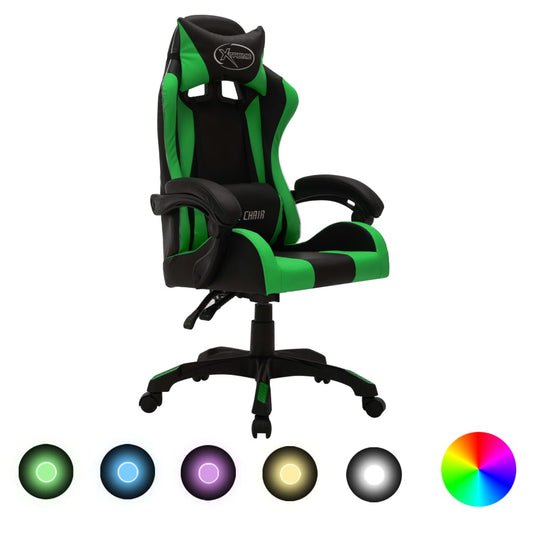 Sedia da Gaming con Luci a LED RGB Verde e Nera in Similpelle - homemem39