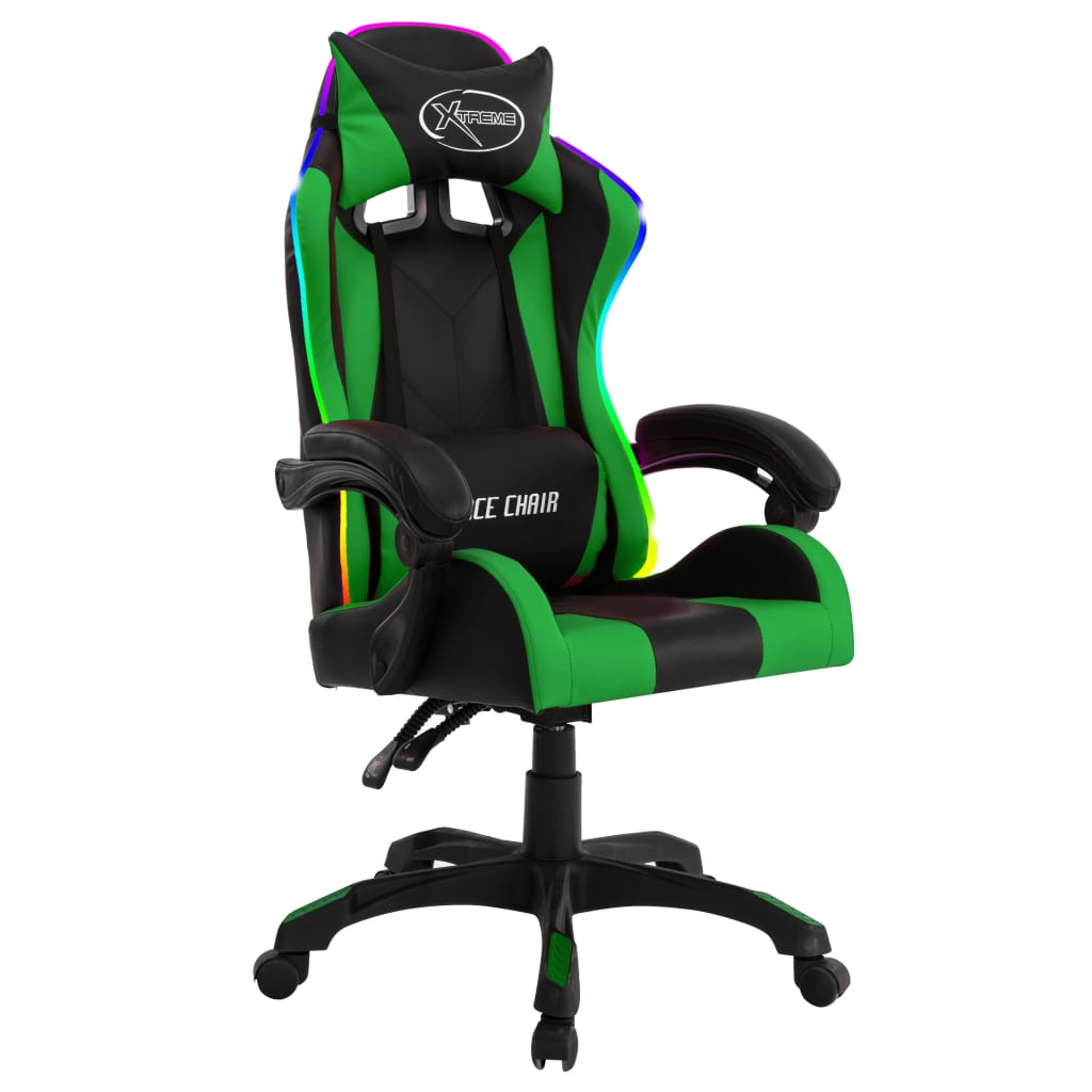 Sedia da Gaming con Luci a LED RGB Verde e Nera in Similpelle - homemem39