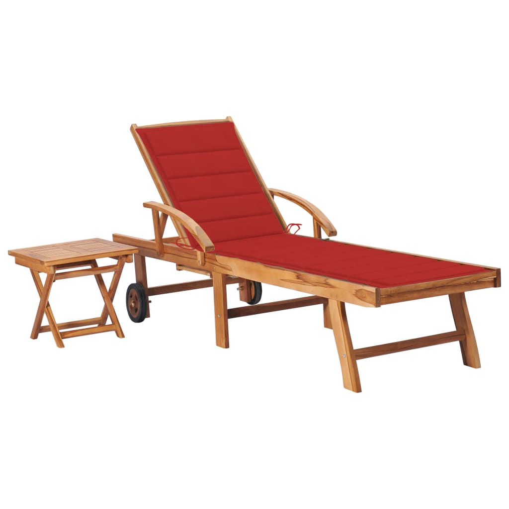 Sun lounger with table and cushion in solid teak