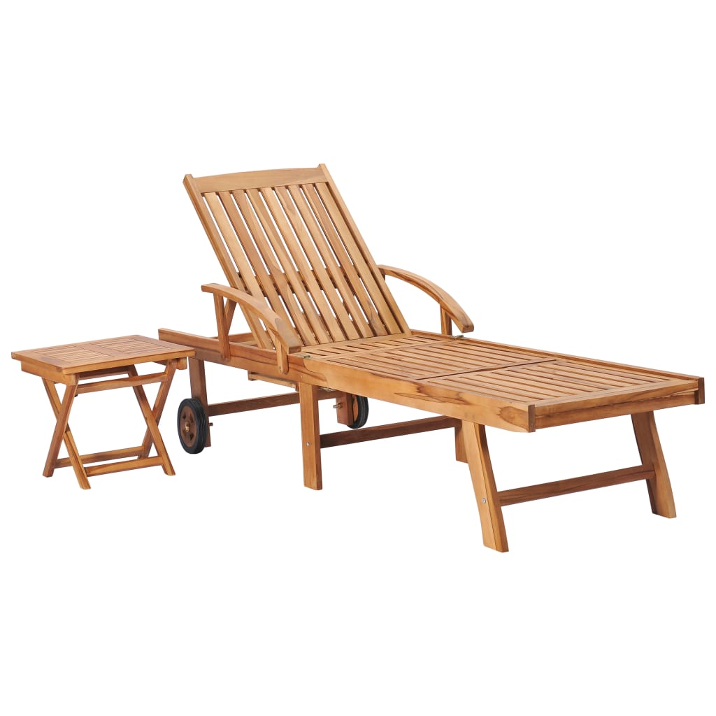 Sun lounger with table and cushion in solid teak