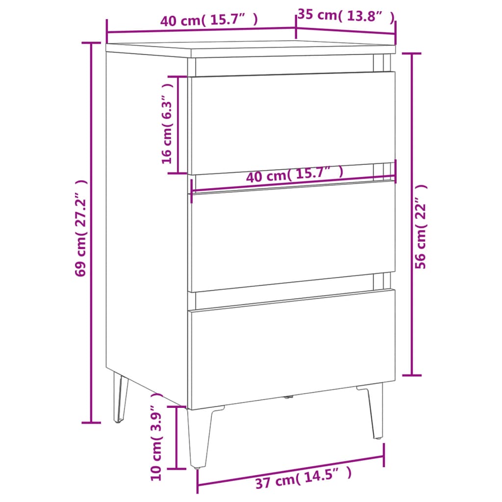 Comodino con Gambe in Metallo Rovere Sonoma 40x35x69 cm