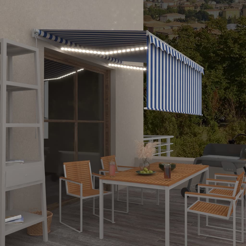 Tenda Sole Retrattile Manuale con LED 3x2,5m Blu e Bianco