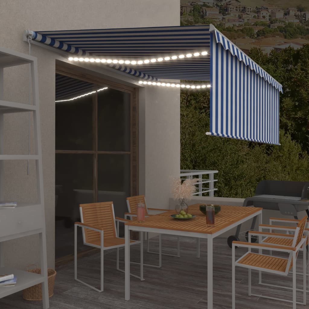 Tenda Sole Retrattile Manuale con LED 4x3m Blu e Bianco