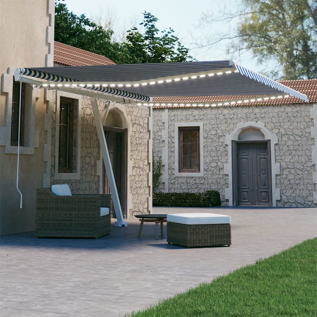 Tenda da Sole Retrattile Manuale con LED 400x300cm Blu e Bianca - homemem39