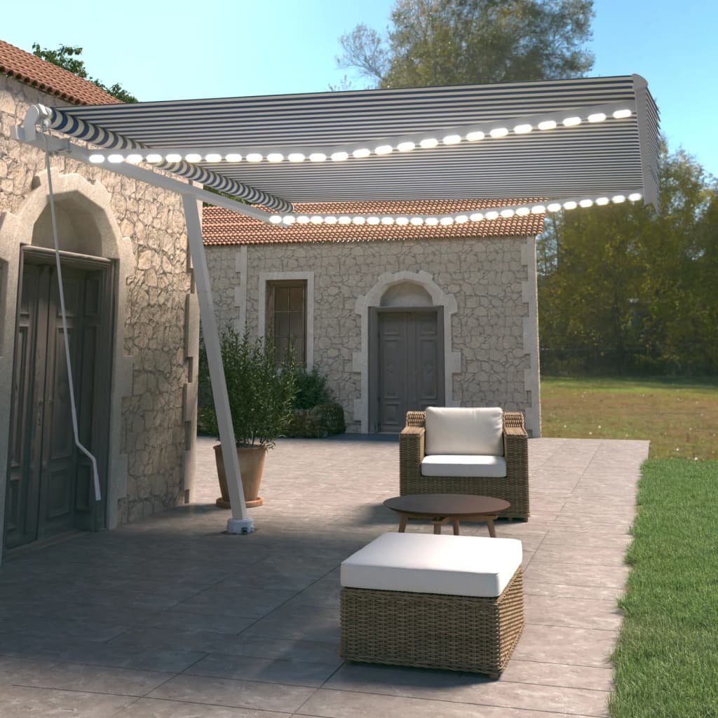 Tenda da Sole Retrattile Manuale con LED 400x350 cm Blu Bianco - homemem39