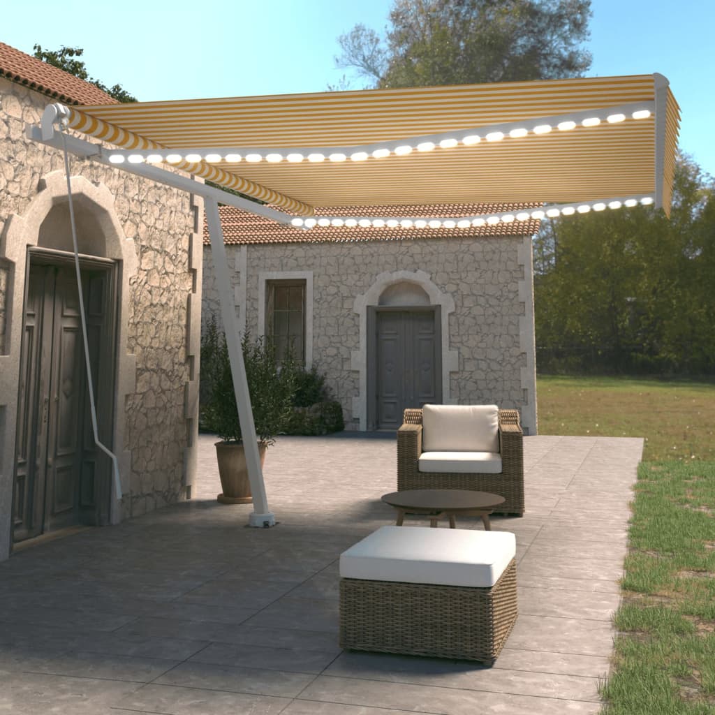 Tenda da Sole Retrattile Manuale LED 450x350 cm Gialla Bianca