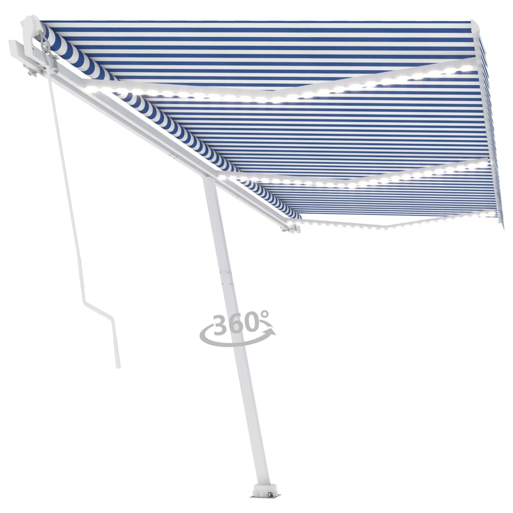 Tenda da Sole Retrattile Manuale con LED 600x350 cm Blu Bianco