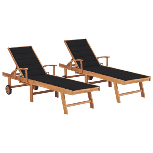 Lettini Prendisole 2 pz con Cuscino Nero in Legno di Teak - homemem39