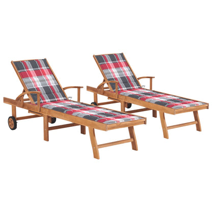 Lettini Prendisole 2 pz con Cuscino Rosso a Quadretti in Teak - homemem39