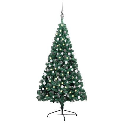 Albero di Natale a Metà Preilluminato con Palline Verde 210 cm