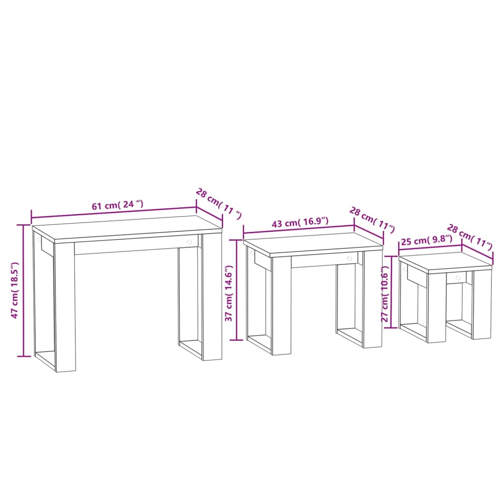 Tavolini Impilabili 3 pz Rovere Sonoma in Legno Multistrato - homemem39