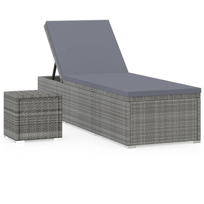 Lettino Prendisole con Cuscino e Tavolino in Polyrattan Grigio