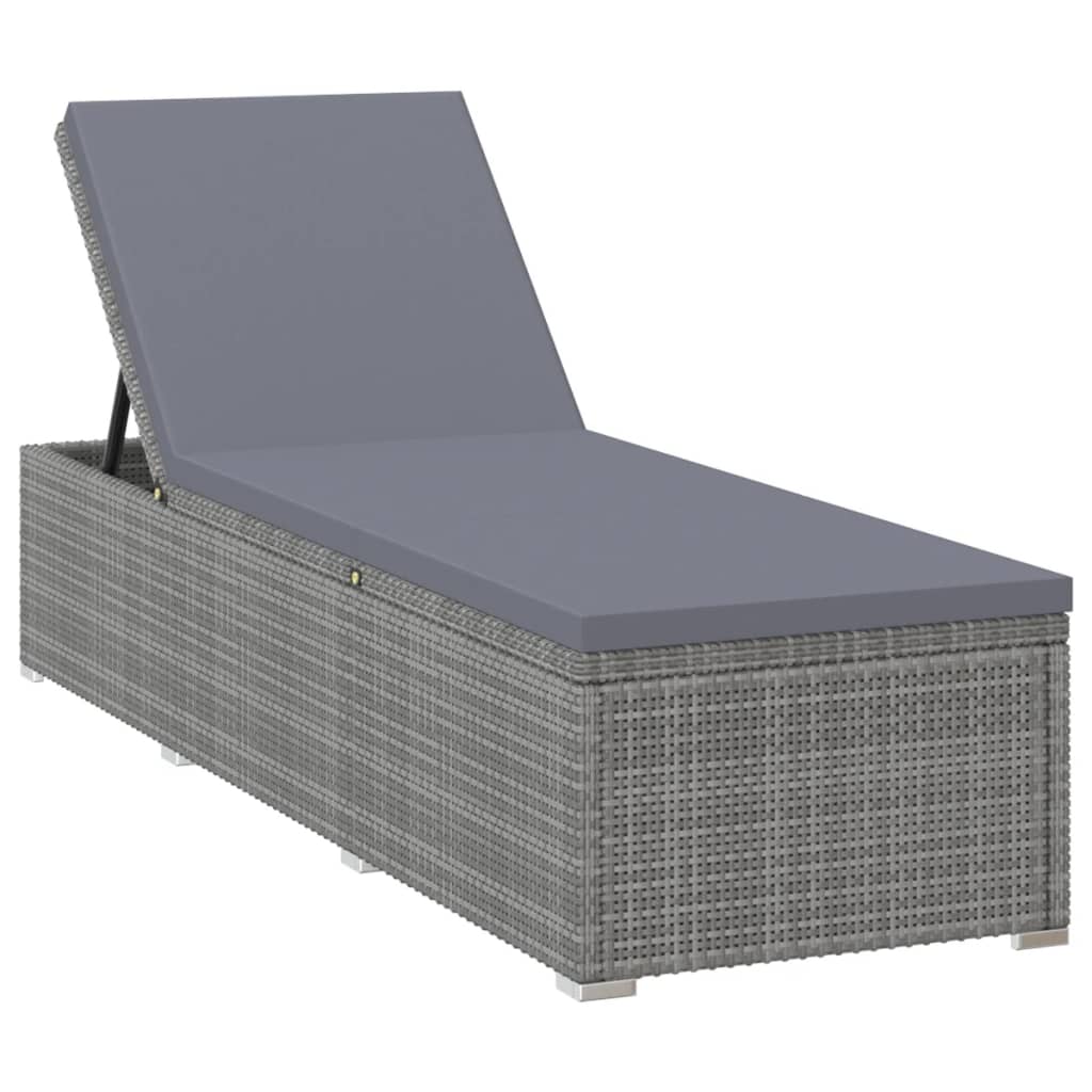 Sun lounger with cushion and coffee table in gray polyrattan