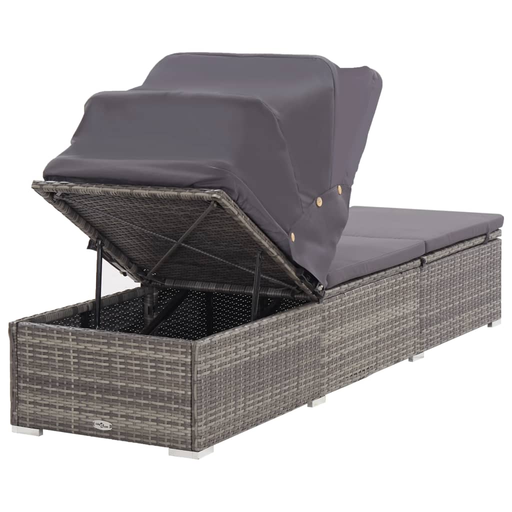 Lettino Prendisole con Tettuccio e Cuscino in Polyrattan Grigio - homemem39