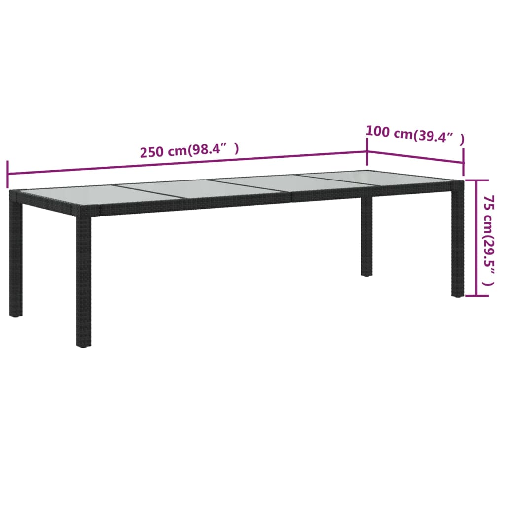 Tavolo Giardino Nero 250x100x75cm Vetro Temperato e Polyrattan - homemem39