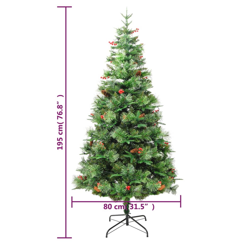 Albero di Natale Preilluminato con Pigne Verde 195 cm PVC e PE