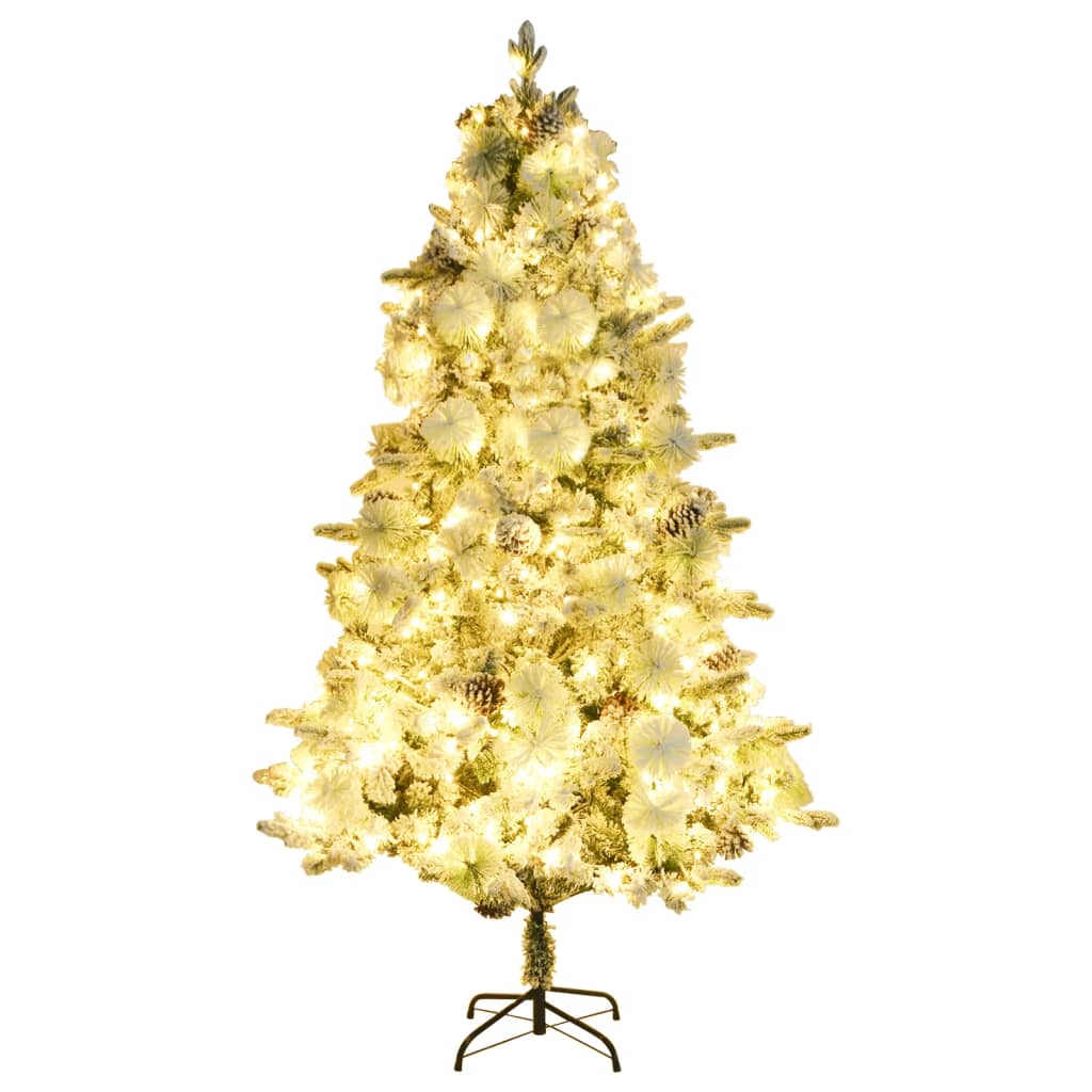 Albero di Natale Innevato Preilluminato Pigne 195cm in PVC e PE